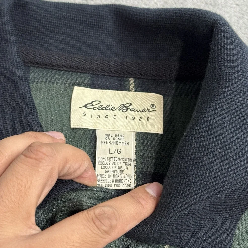 VTG 90s Eddie Bauer Cotton Knit Polo Shirt Long Sleeve Green Plaid Mens L Indie